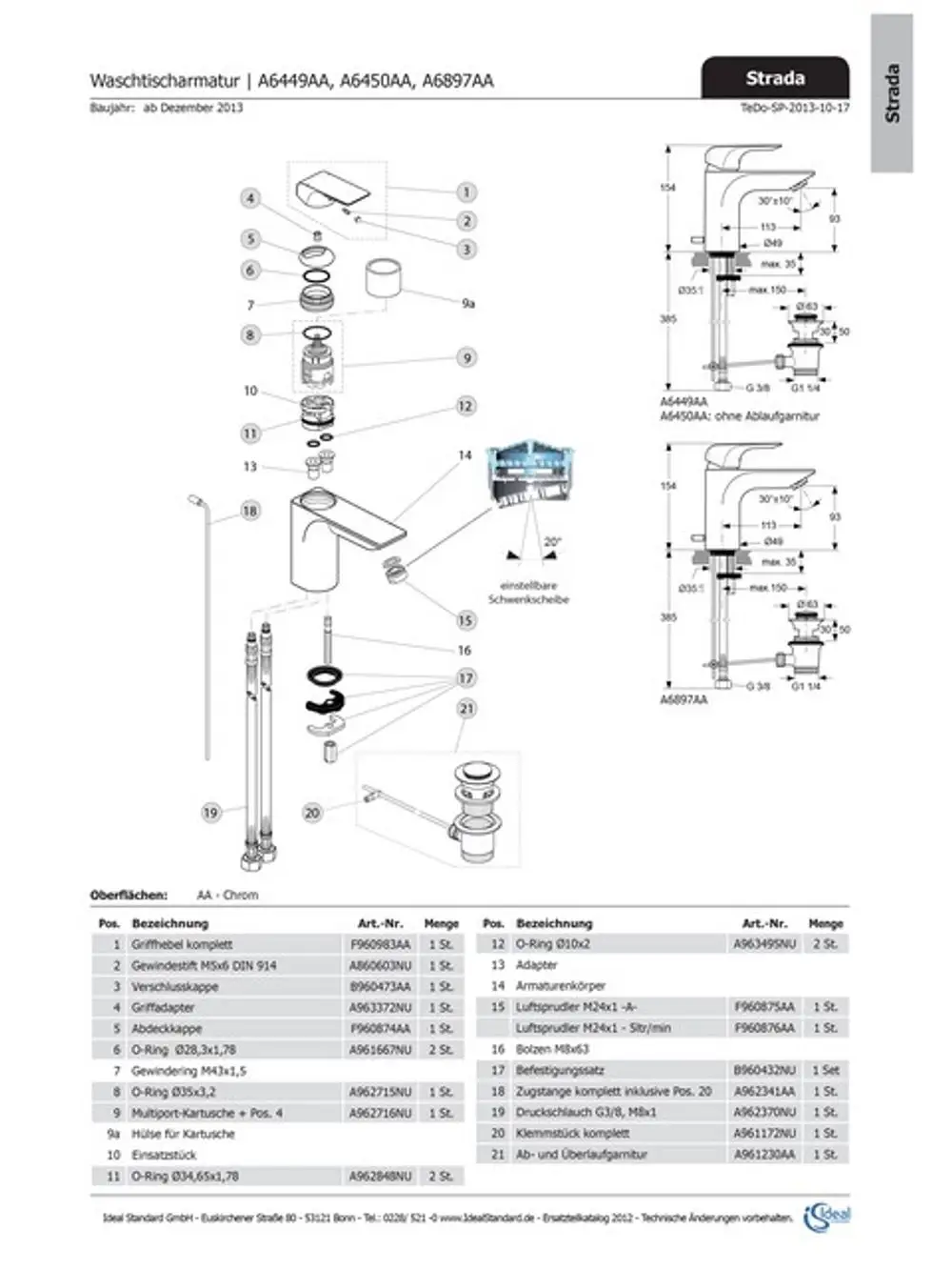 Schematik und Teileliste für einen Ideal Standard Waschtischarmatur. Darstellung der Einzelteile mit Artikelnummern und Mengenangaben in übersichtlicher Anordnung.